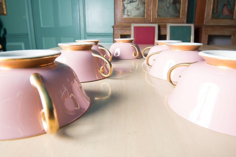 Carole Stupell Pink & Gold Tea Set & Cream Soup Bowls For Sale 3