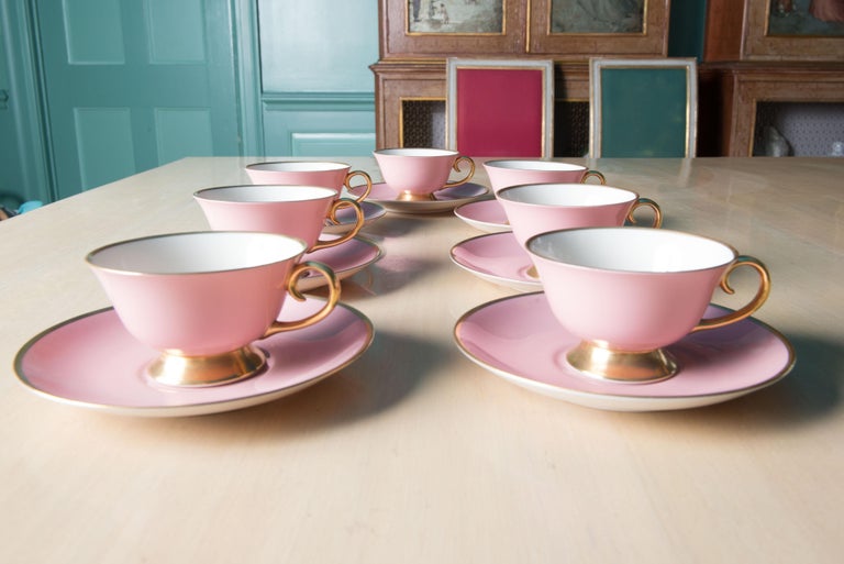 Carole Stupell Pink & Gold Tea Set & Cream Soup Bowls For Sale 8