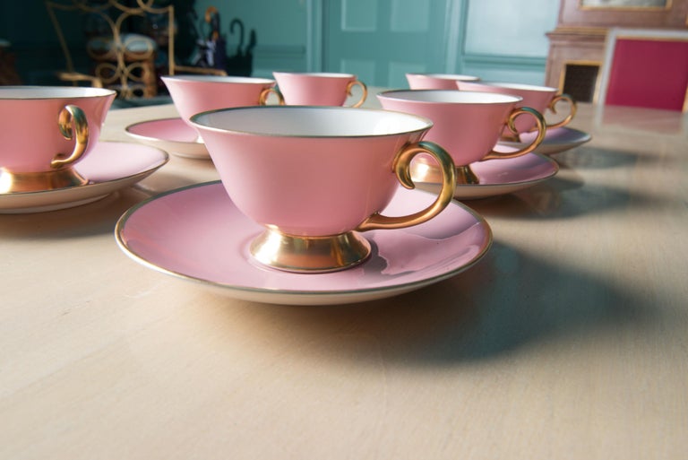 Carole Stupell Pink & Gold Tea Set & Cream Soup Bowls For Sale 9