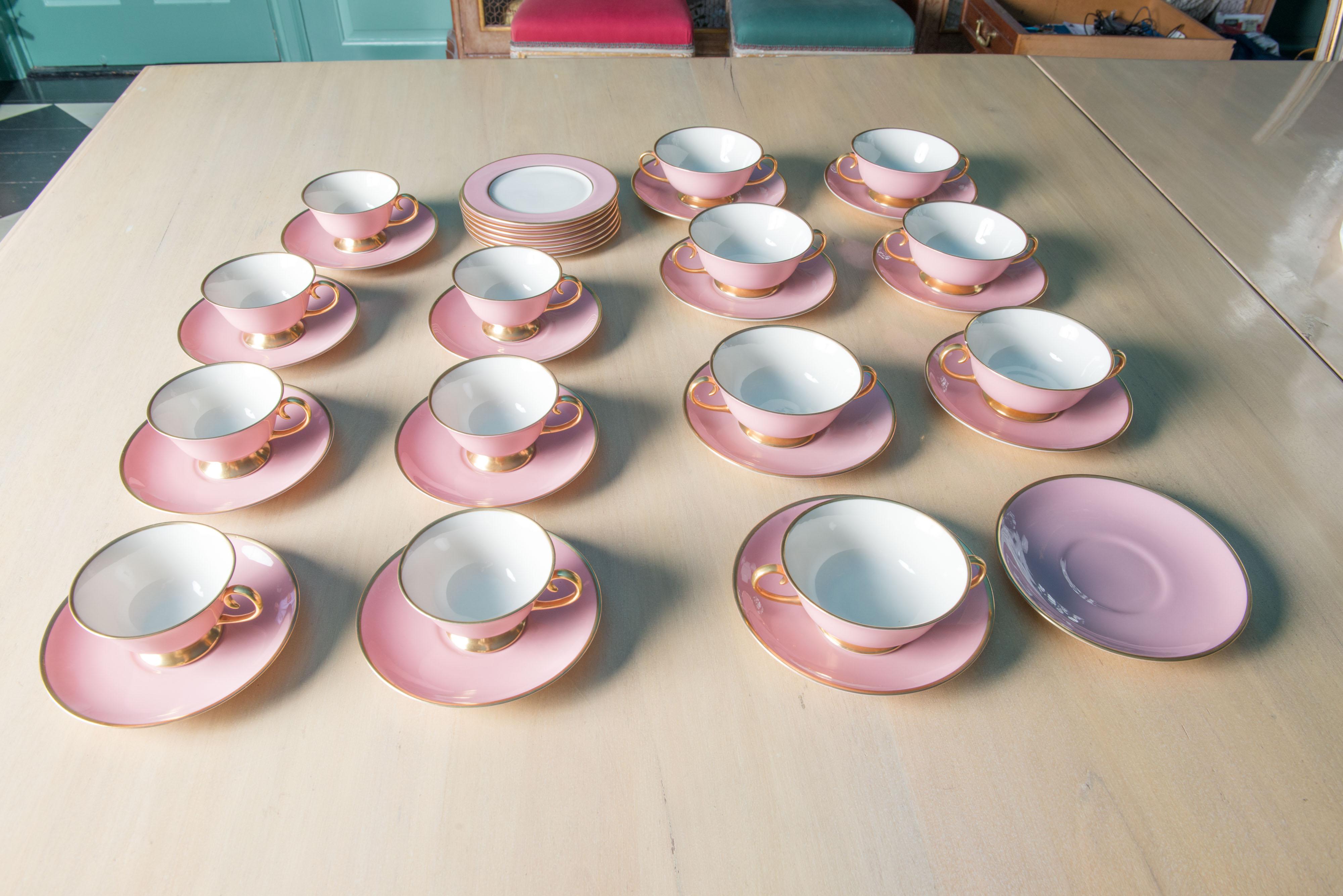 Carole Stupell Pink & Gold Tea Set & Cream Soup Bowls For Sale 11
