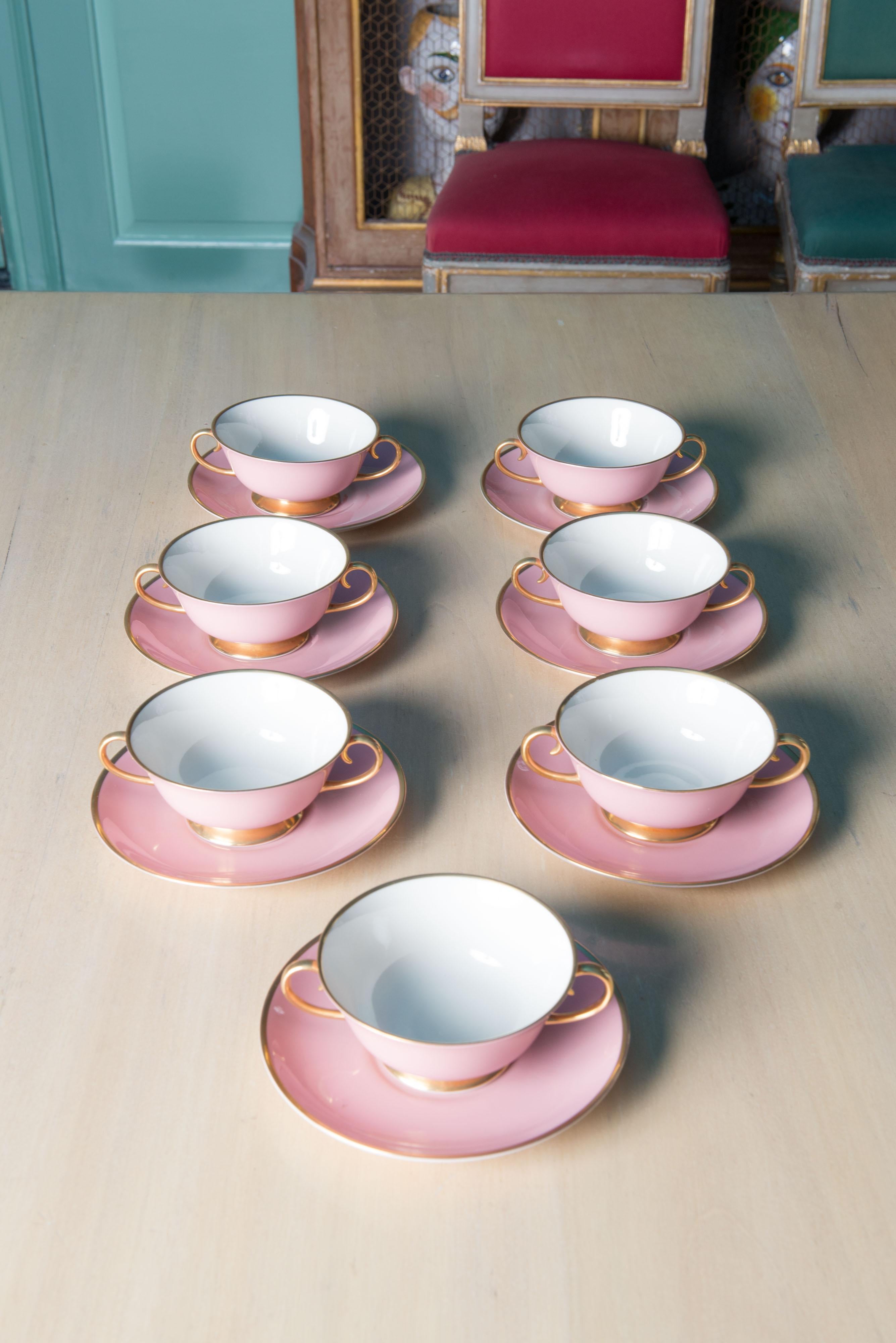 Carole Stupell, Ltd. china made by Flintridge China in California. The Flintridge China Company began in Pasadena, CA in 1946. It was acquired by Gorham in 1970. This set includes 7 cups and saucers, 7 cream soups and saucers, 7 dessert plates.