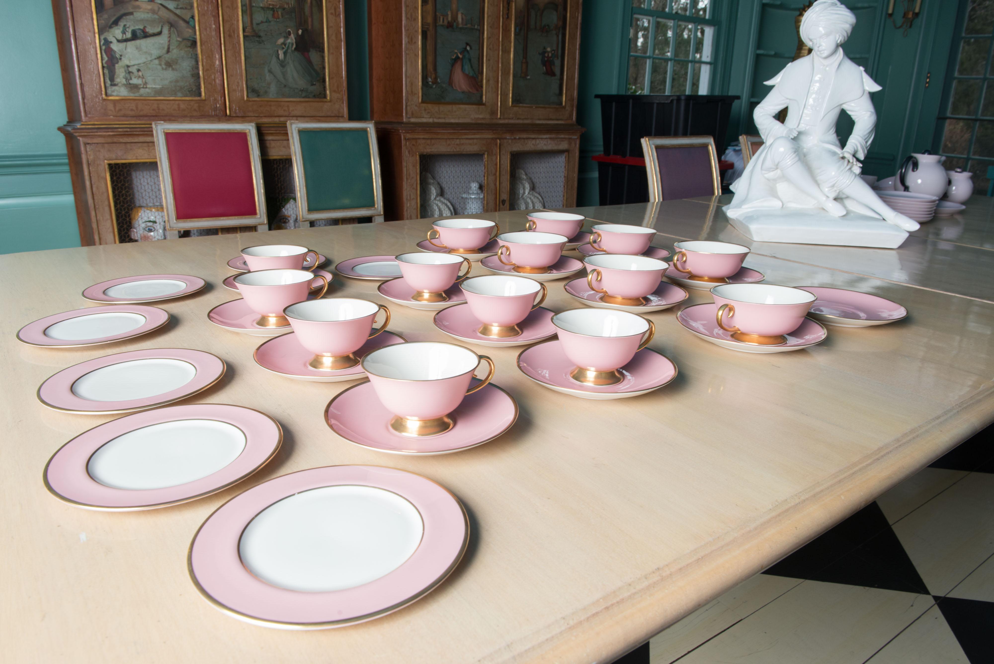Carole Stupell Pink & Gold Tea Set & Cream Soup Bowls For Sale 13