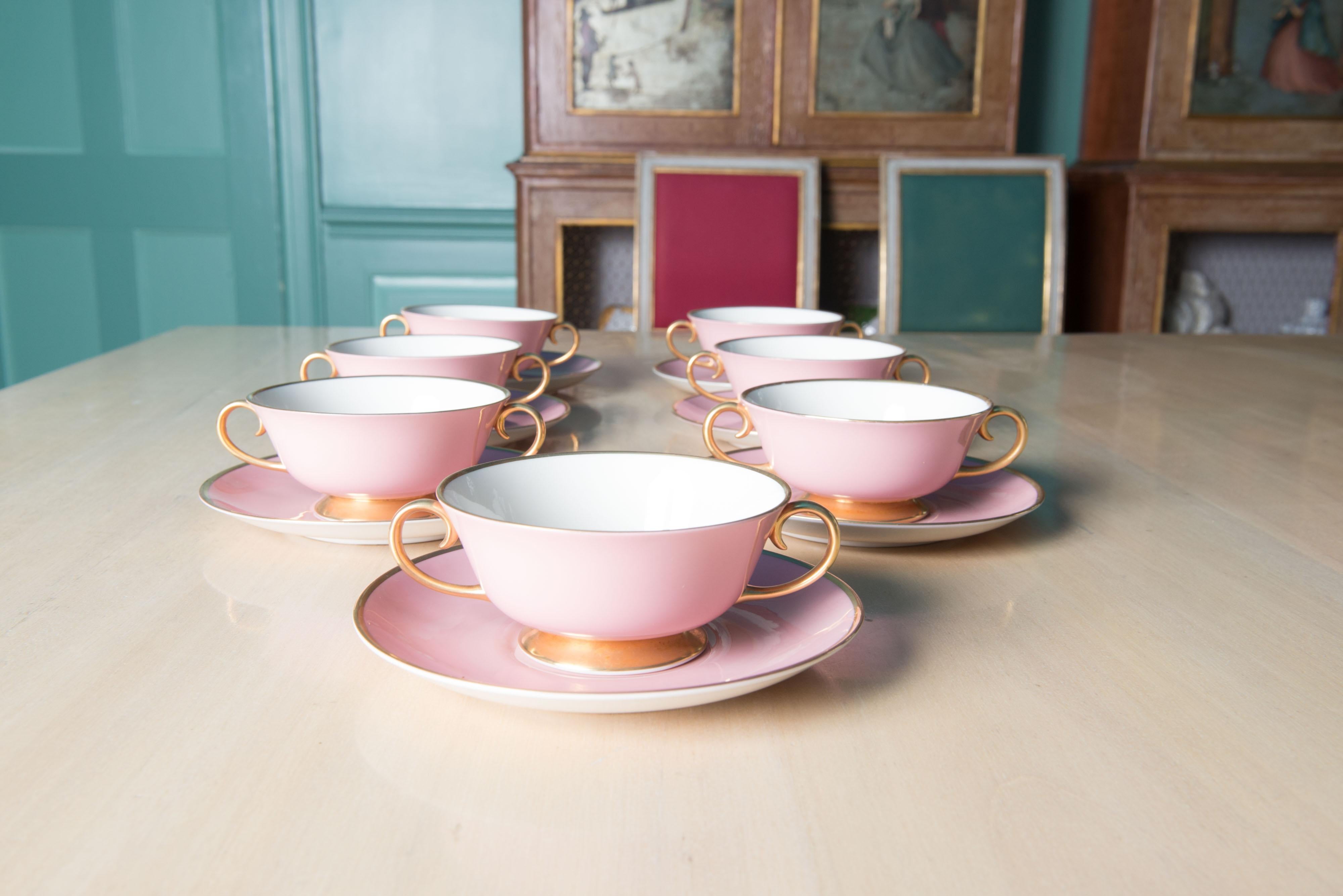 Hollywood Regency Carole Stupell Pink & Gold Tea Set & Cream Soup Bowls For Sale