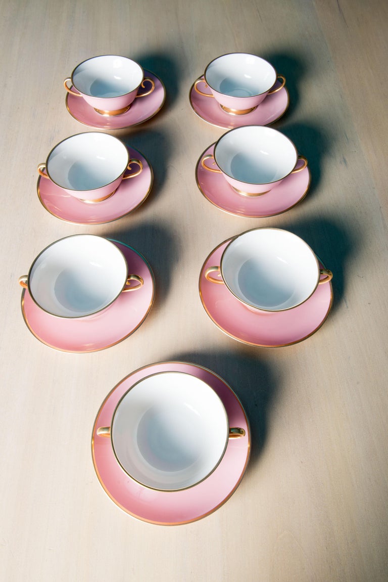 American Carole Stupell Pink & Gold Tea Set & Cream Soup Bowls For Sale