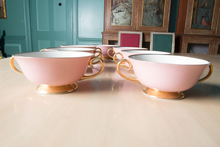 Carole Stupell Pink & Gold Tea Set & Cream Soup Bowls For Sale 1