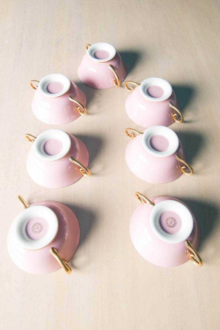 Carole Stupell Pink & Gold Tea Set & Cream Soup Bowls For Sale 2