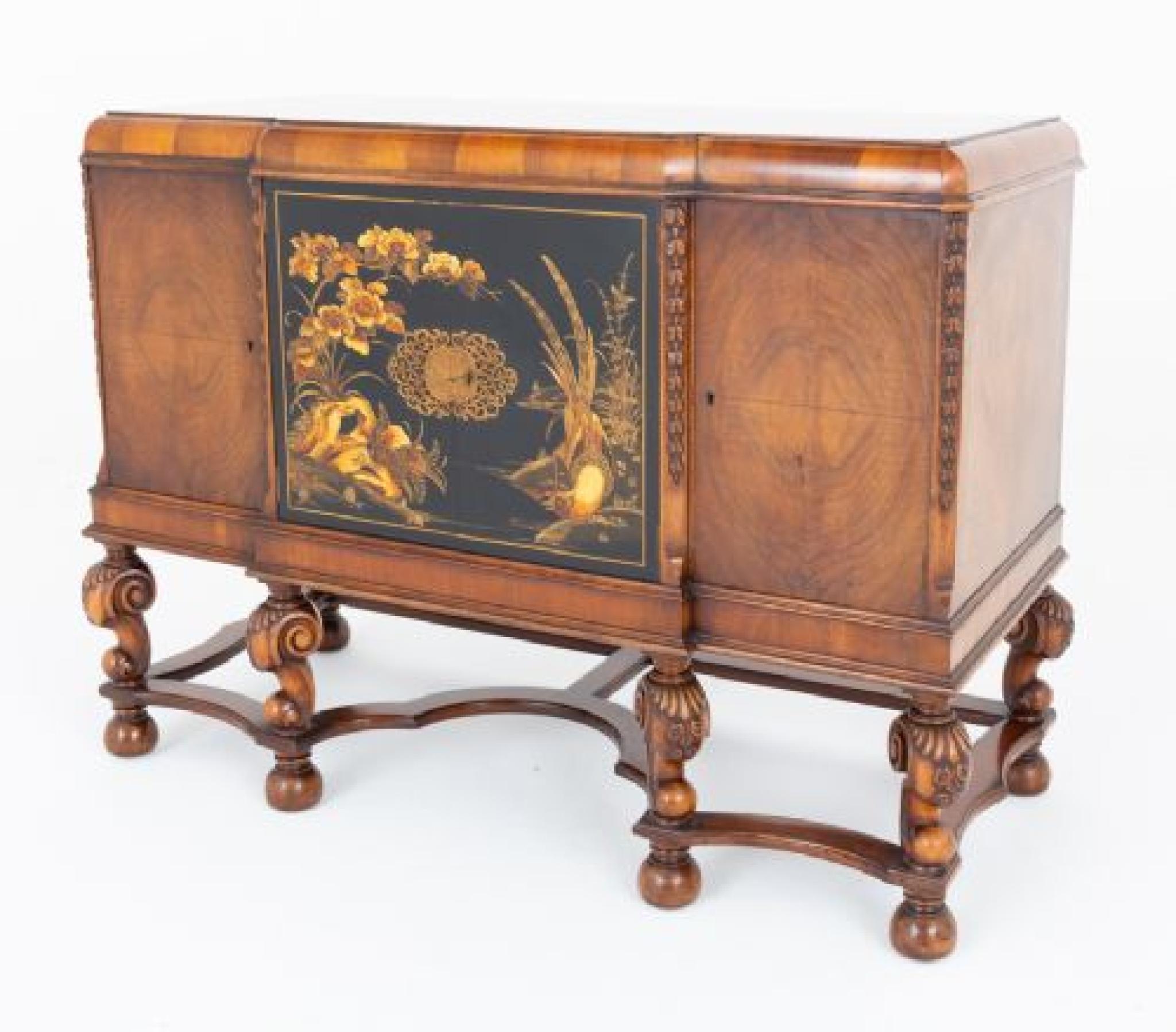 Wood Carolean Sideboard Server Walnut Chinoiserie Cabinet For Sale