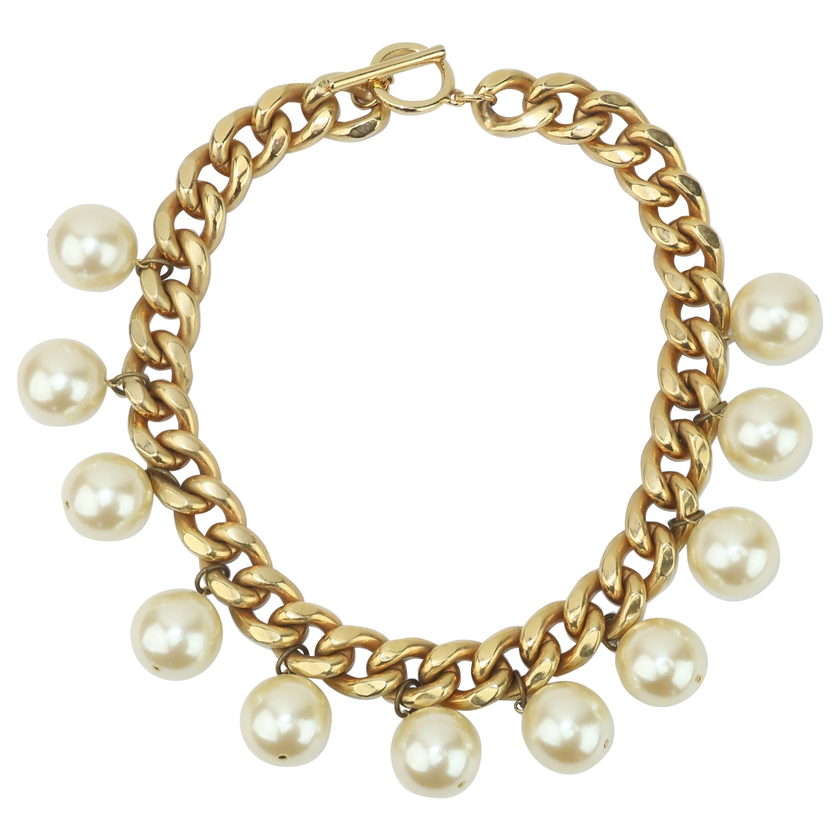 Carolee Faux Pearl Chain Choker Necklace, 1980's
