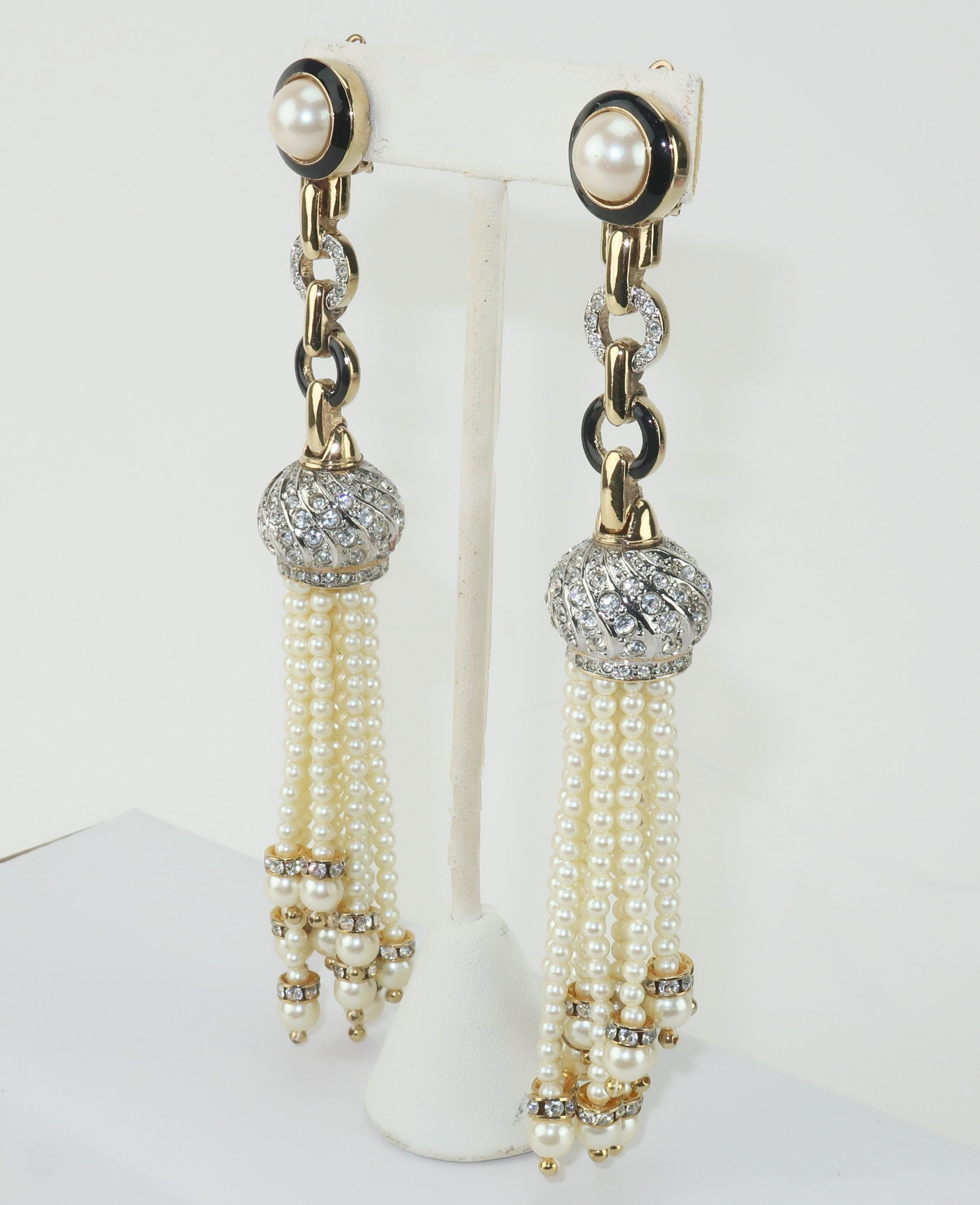 Art Deco Carolee Faux Pearl, Rhinestone & Black Enamel Tassel Earrings, 1980's For Sale