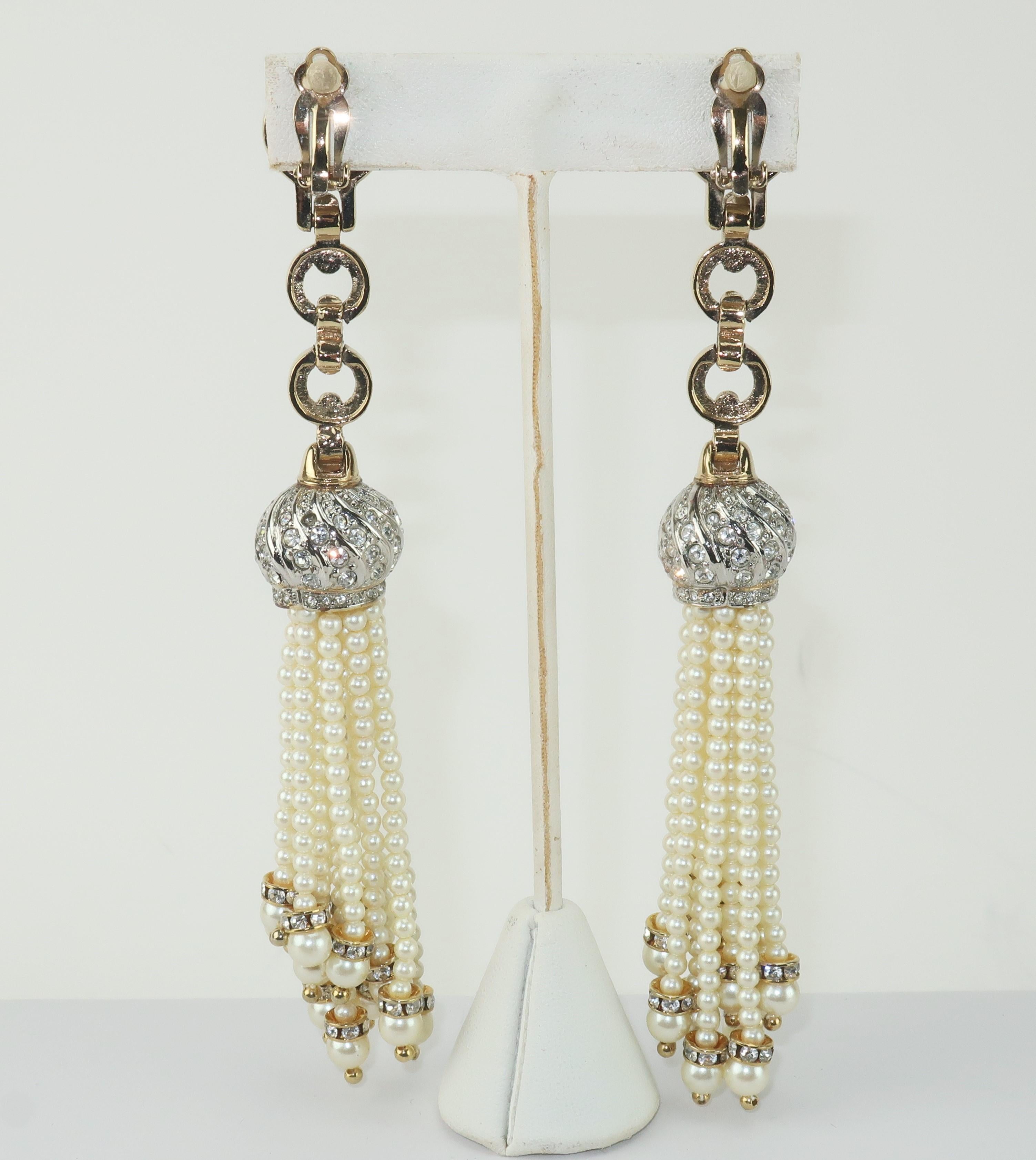 Round Cut Carolee Faux Pearl, Rhinestone & Black Enamel Tassel Earrings, 1980's For Sale