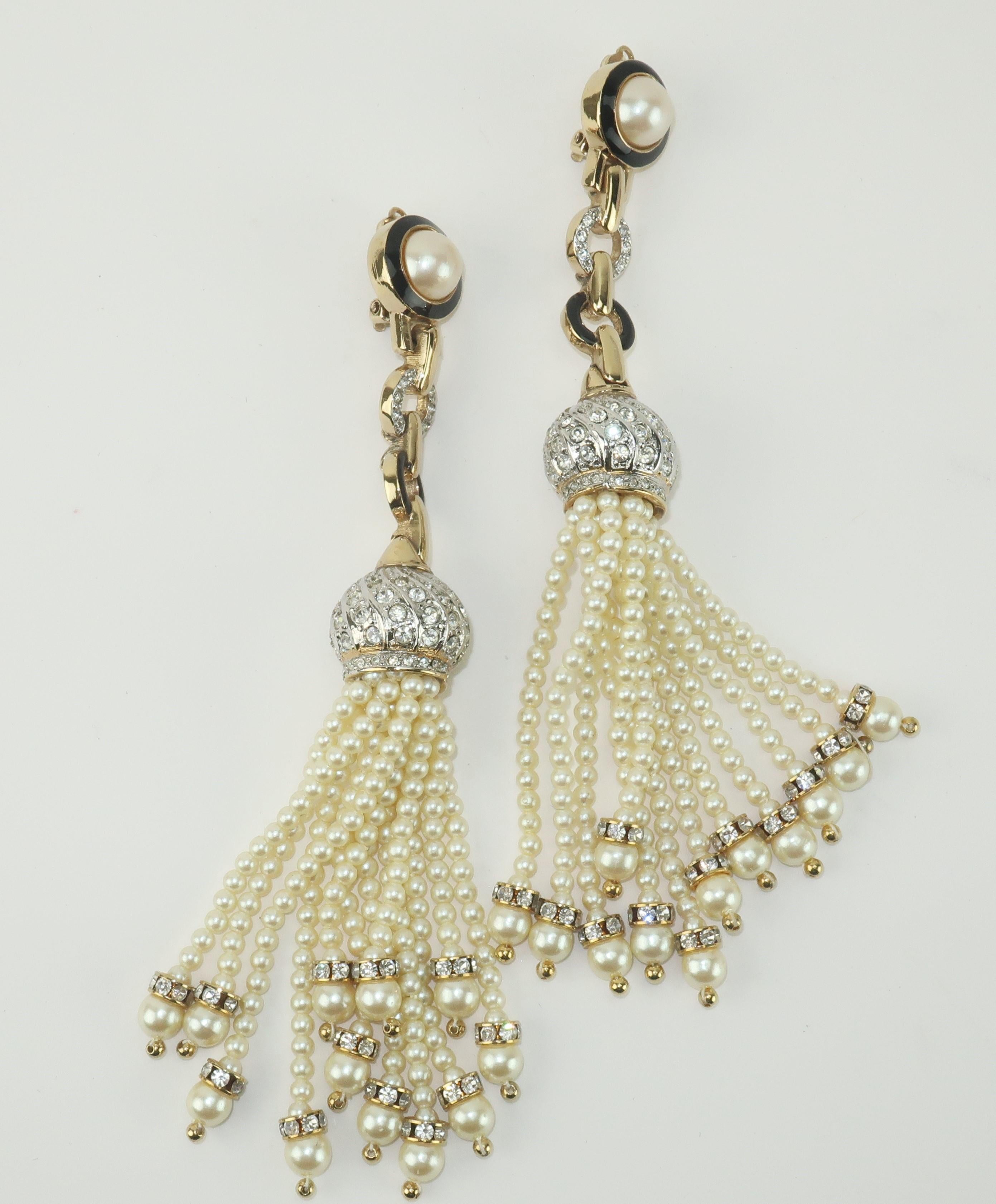 Carolee Faux Pearl, Rhinestone & Black Enamel Tassel Earrings, 1980's In Good Condition For Sale In Atlanta, GA