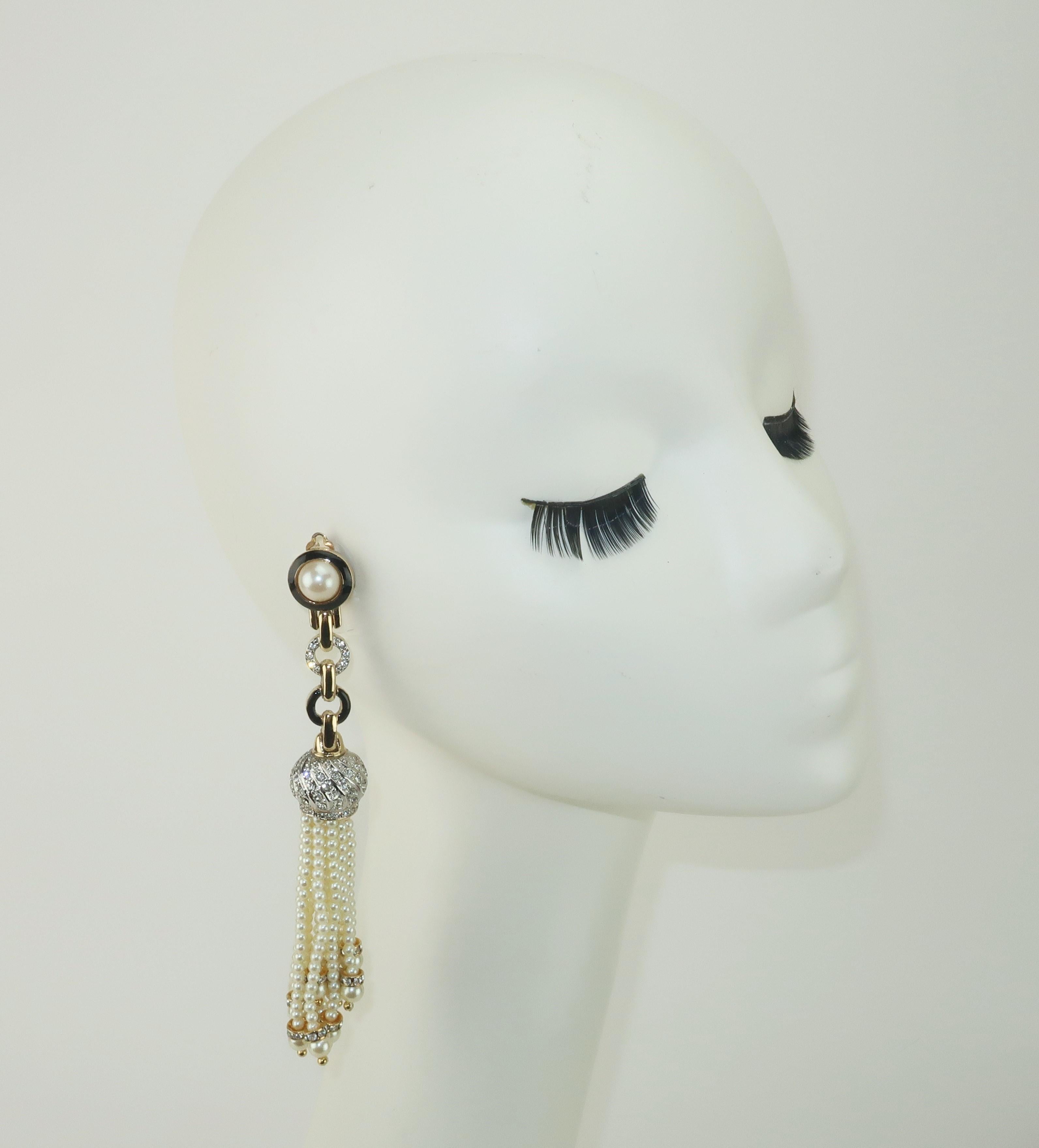 Carolee Faux Pearl, Rhinestone & Black Enamel Tassel Earrings, 1980's For Sale 2