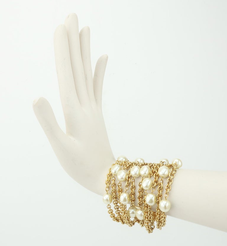Carolee Multi Strand Gold Chain and Faux Pearl Bracelet, 1980’s at 1stDibs