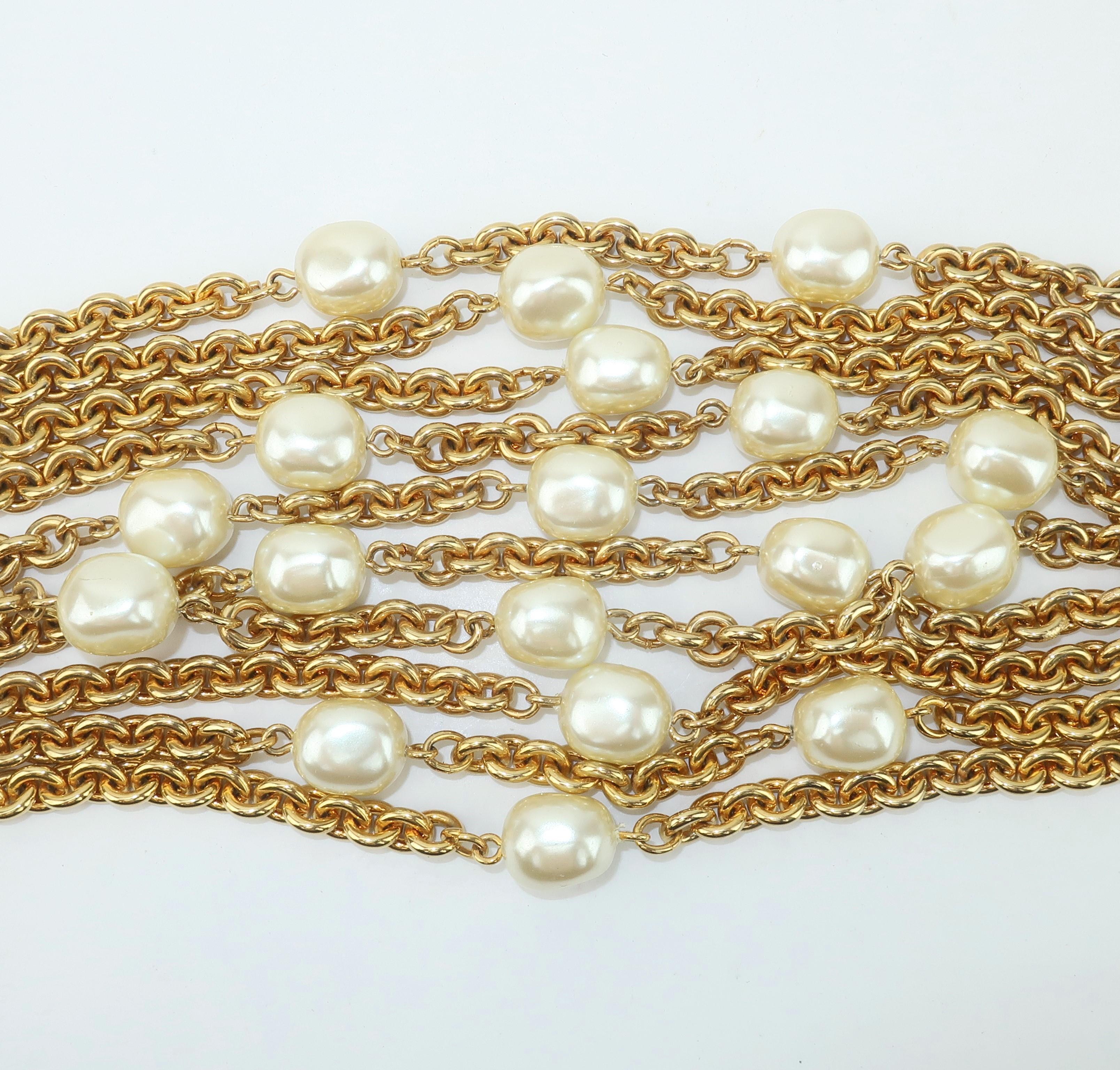 Modern Carolee Multi Strand Gold Chain & Faux Pearl Bracelet, 1980's