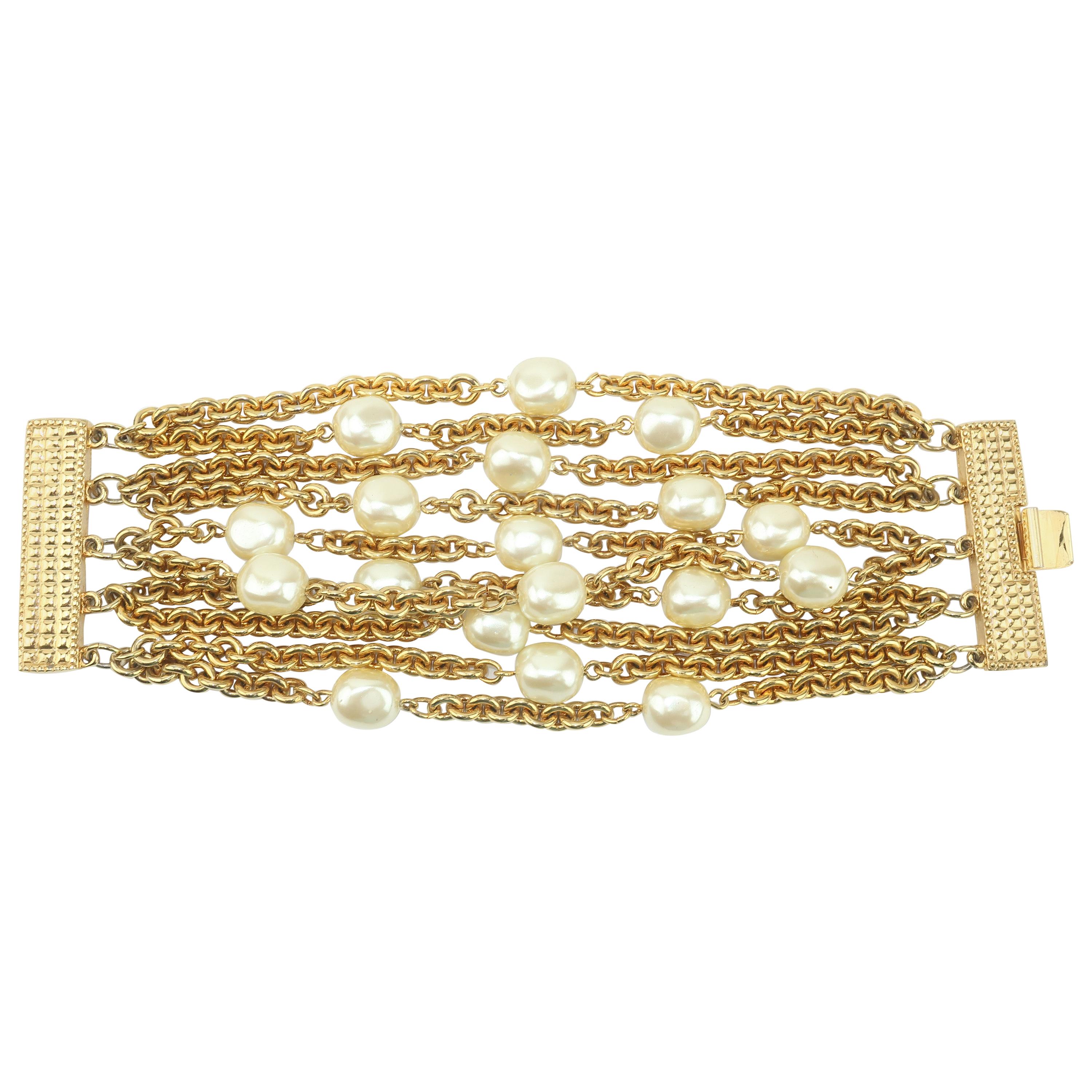 Carolee Multi Strand Gold Chain & Faux Pearl Bracelet, 1980's