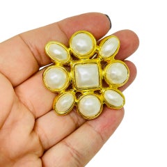 CAROLEE signed gold tone Maltese cross long faux pearls designer necklace brooch