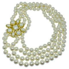 CAROLEE signed gold tone Maltese cross long faux pearls designer necklace brooch