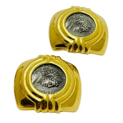CAROLEE signed gold tone silver coin etruscan designer clip on earrings