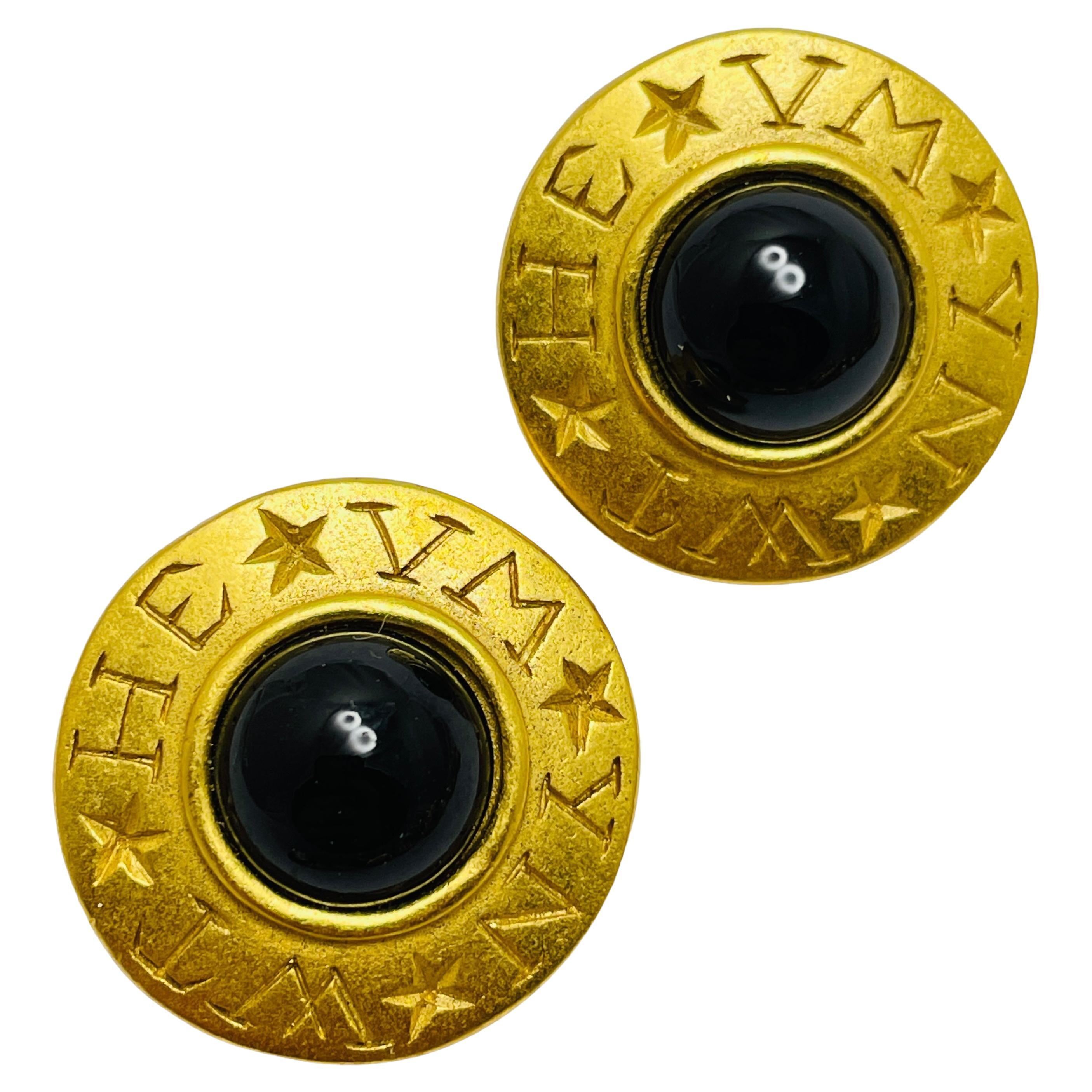 CAROLEE signed matte gold black cabochon designer clip on earrings For Sale