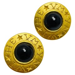 CAROLEE signed matte gold black cabochon designer clip on earrings