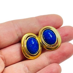 CAROLEE signed vintage gold faux lapis designer runway clip on earrings