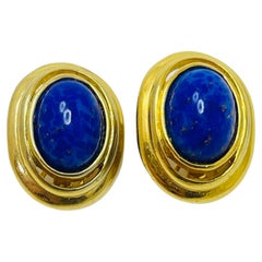 CAROLEE signed Retro gold faux lapis designer runway clip on earrings