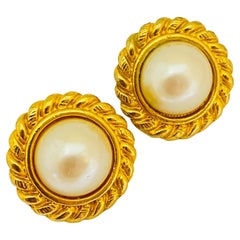 CAROLEE signed Retro gold pearl designer runway clip on earrings 
