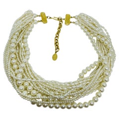 CAROLEE signed vintage gold tone faux pearl multi strand designer necklace
