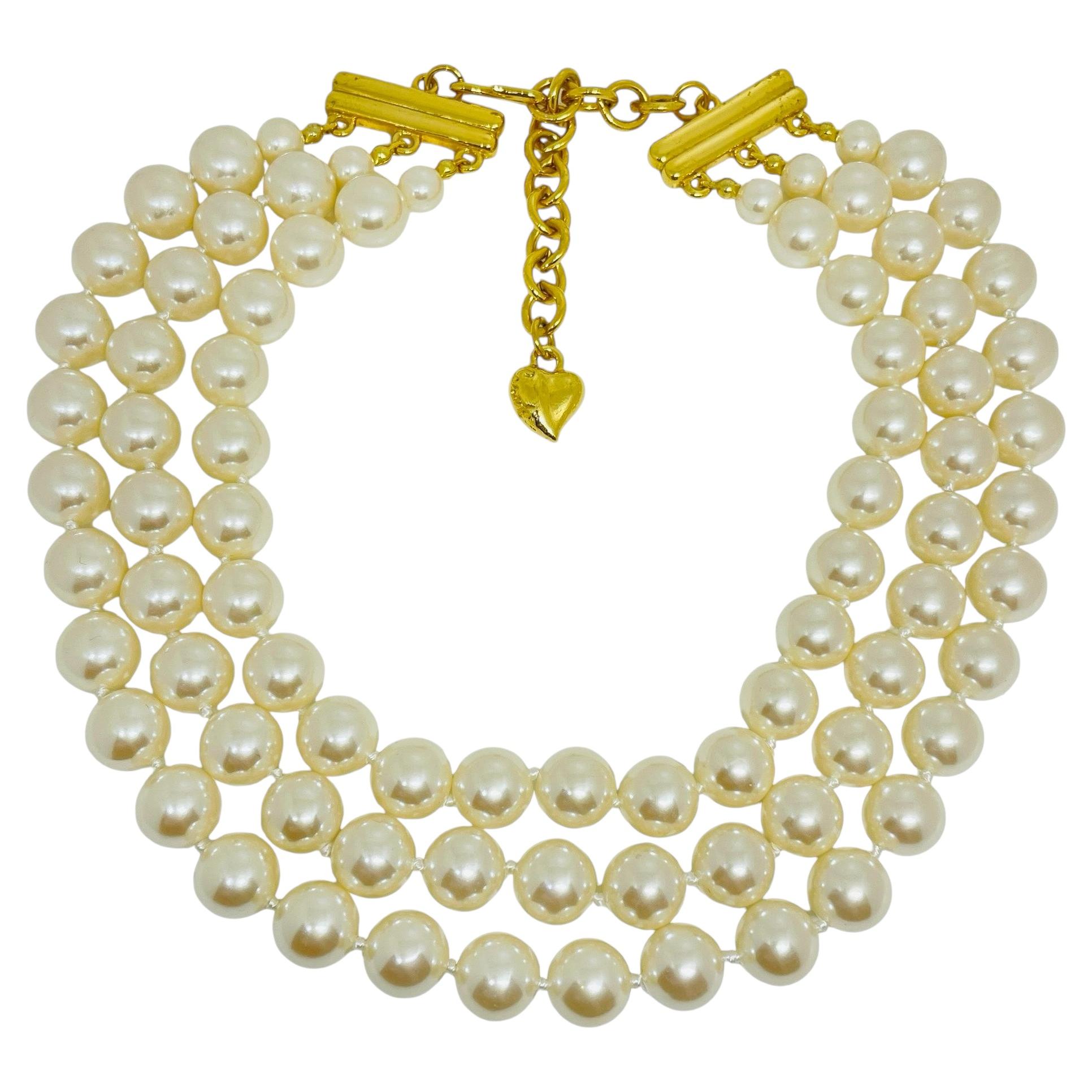 CAROLEE signed vintage gold tone faux pearls multi strand designer necklace