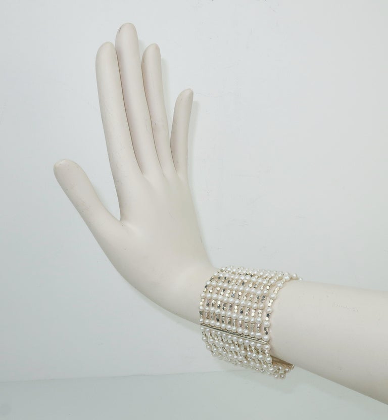 Carolee Sterling Silver and Faux Pearl Multi Strand Bracelet, C.1980 at