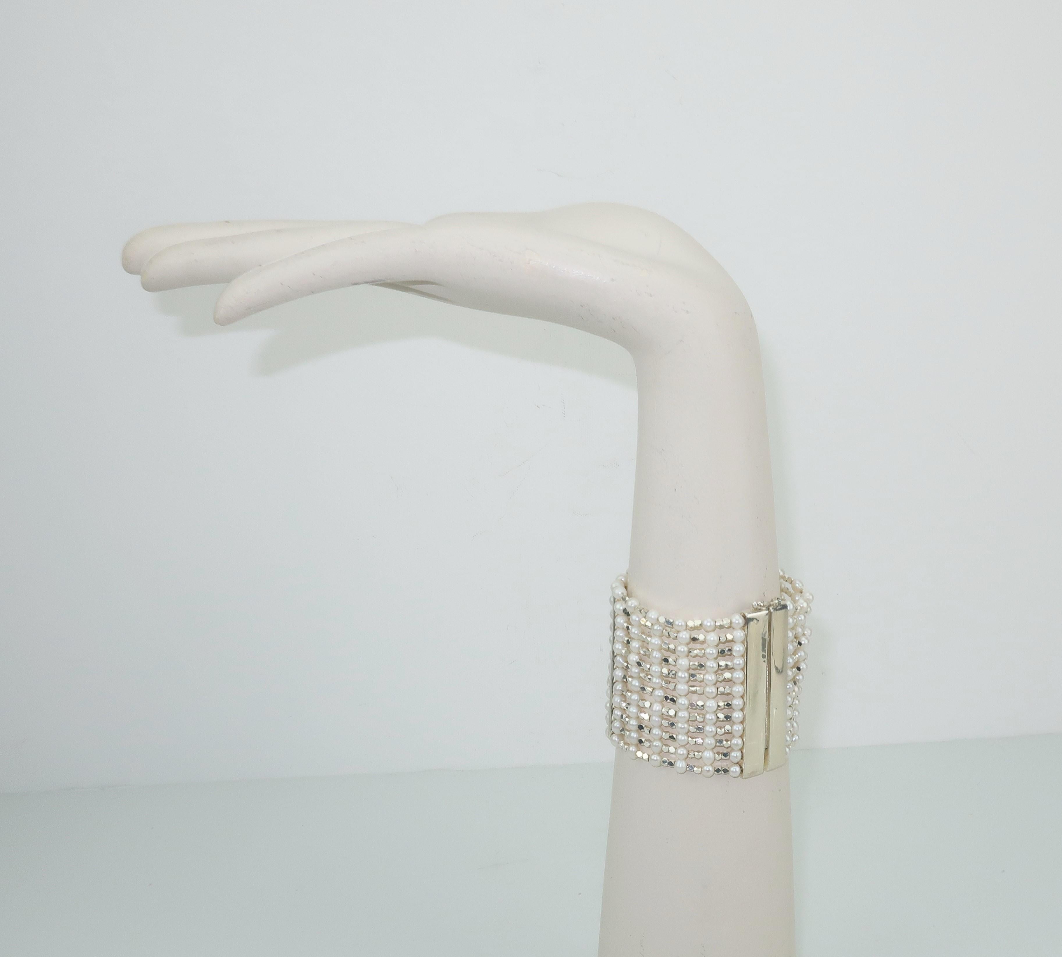 Modern Carolee Sterling Silver & Faux Pearl Multi Strand Bracelet, C.1980