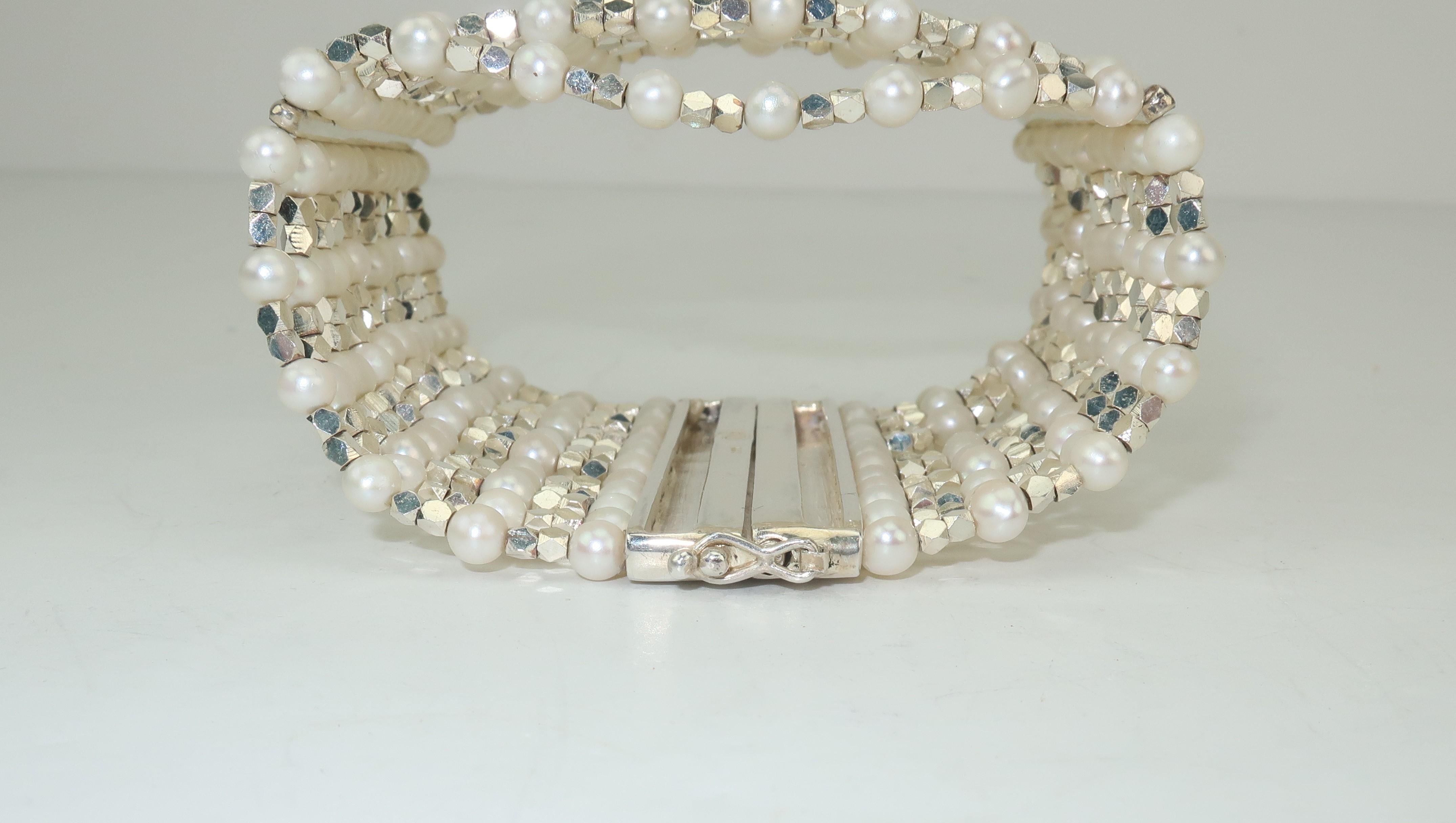 Women's Carolee Sterling Silver & Faux Pearl Multi Strand Bracelet, C.1980