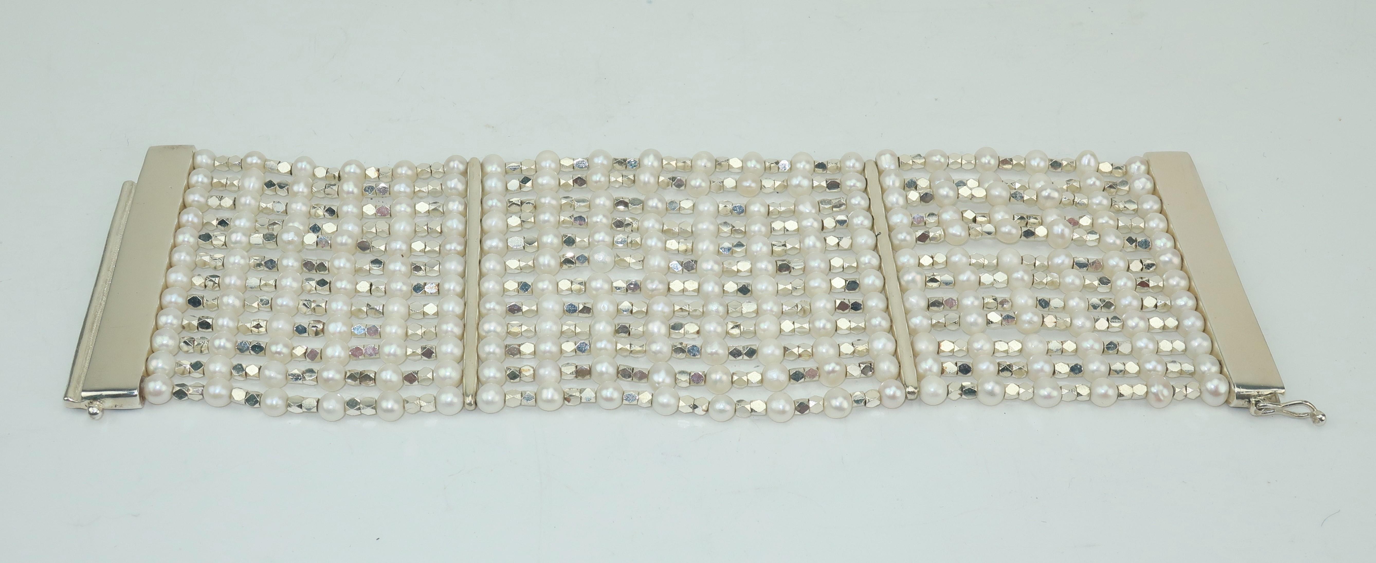 Carolee Sterling Silver & Faux Pearl Multi Strand Bracelet, C.1980 3