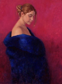 Blue Fur- 21st Century Figure Painting of a blond girl with a blue fur