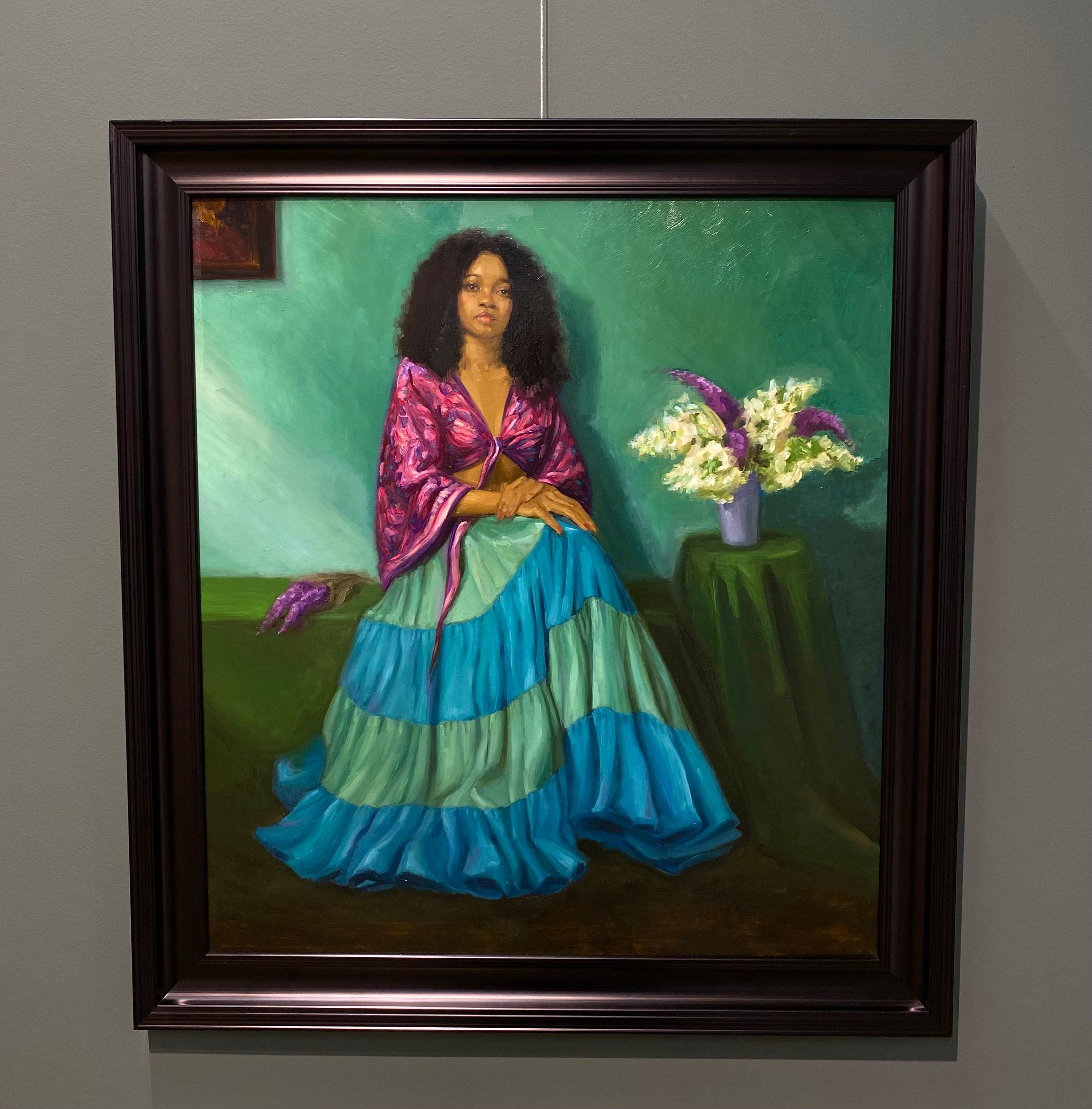 Papillon - Peinture de figure du 21e siècle représentant une fille et des fleurs - Painting de Carolien van Olphen