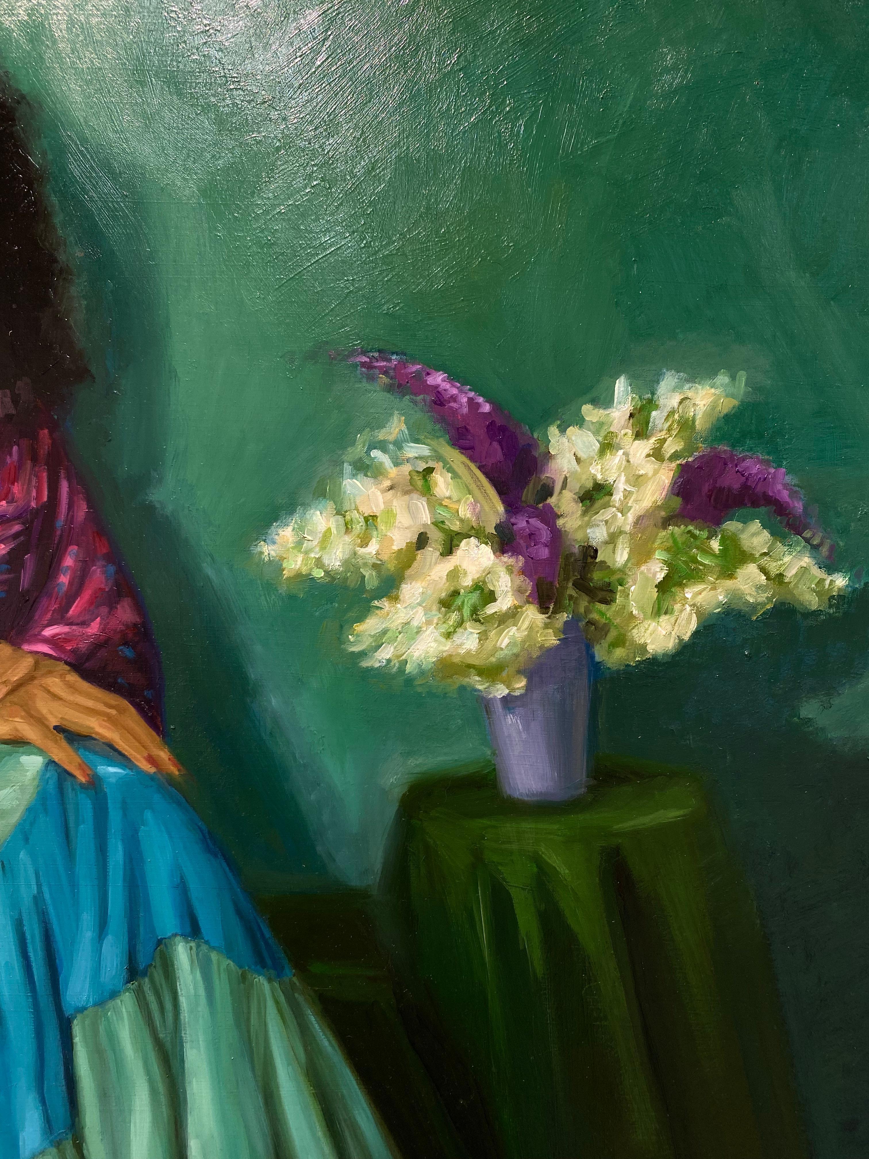 Papillon - Peinture de figure du 21e siècle représentant une fille et des fleurs - Contemporain Painting par Carolien van Olphen