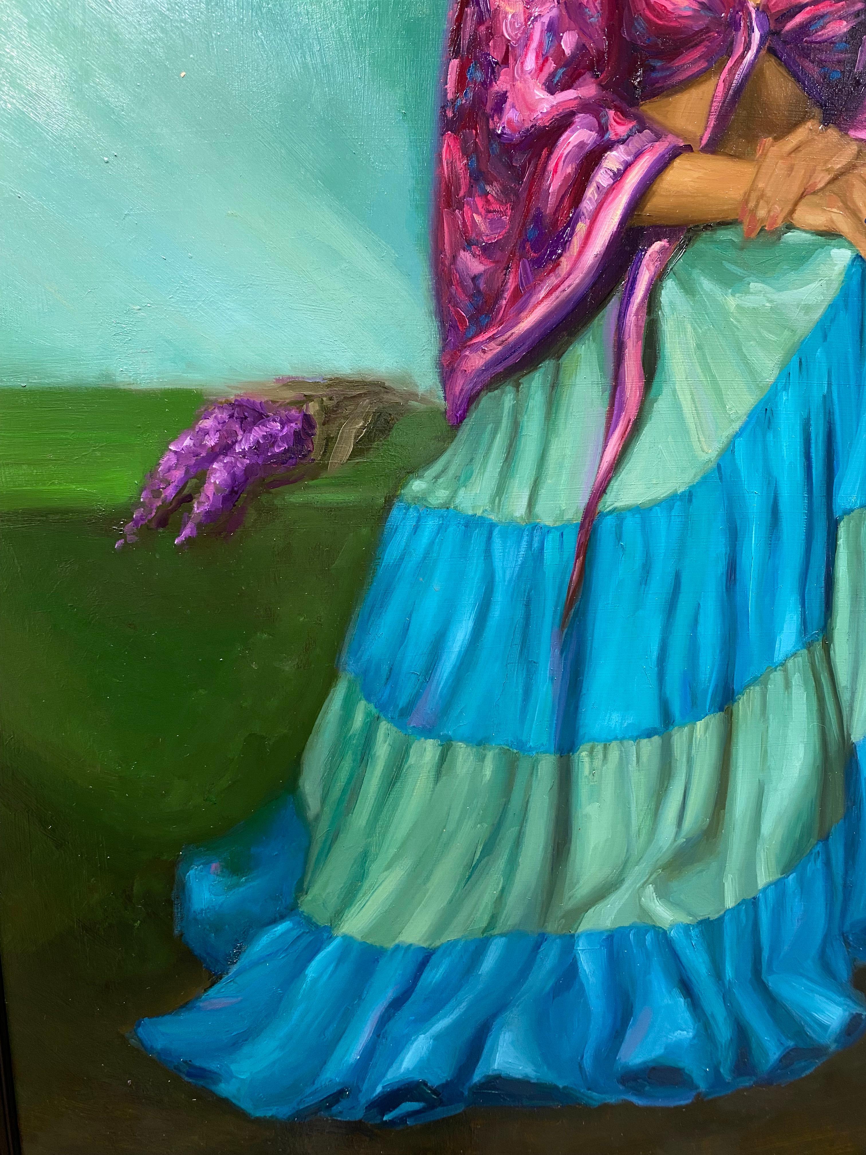 Papillon - Peinture de figure du 21e siècle représentant une fille et des fleurs - Bleu Figurative Painting par Carolien van Olphen