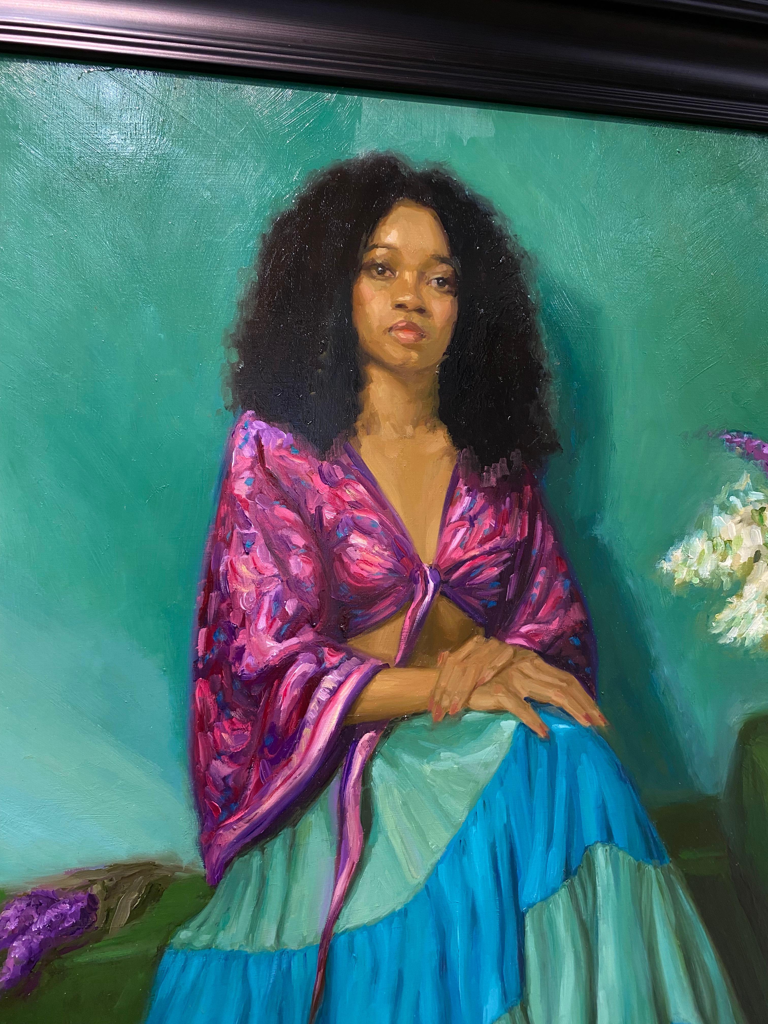 Papillon - Peinture de figure du 21e siècle représentant une fille et des fleurs en vente 2