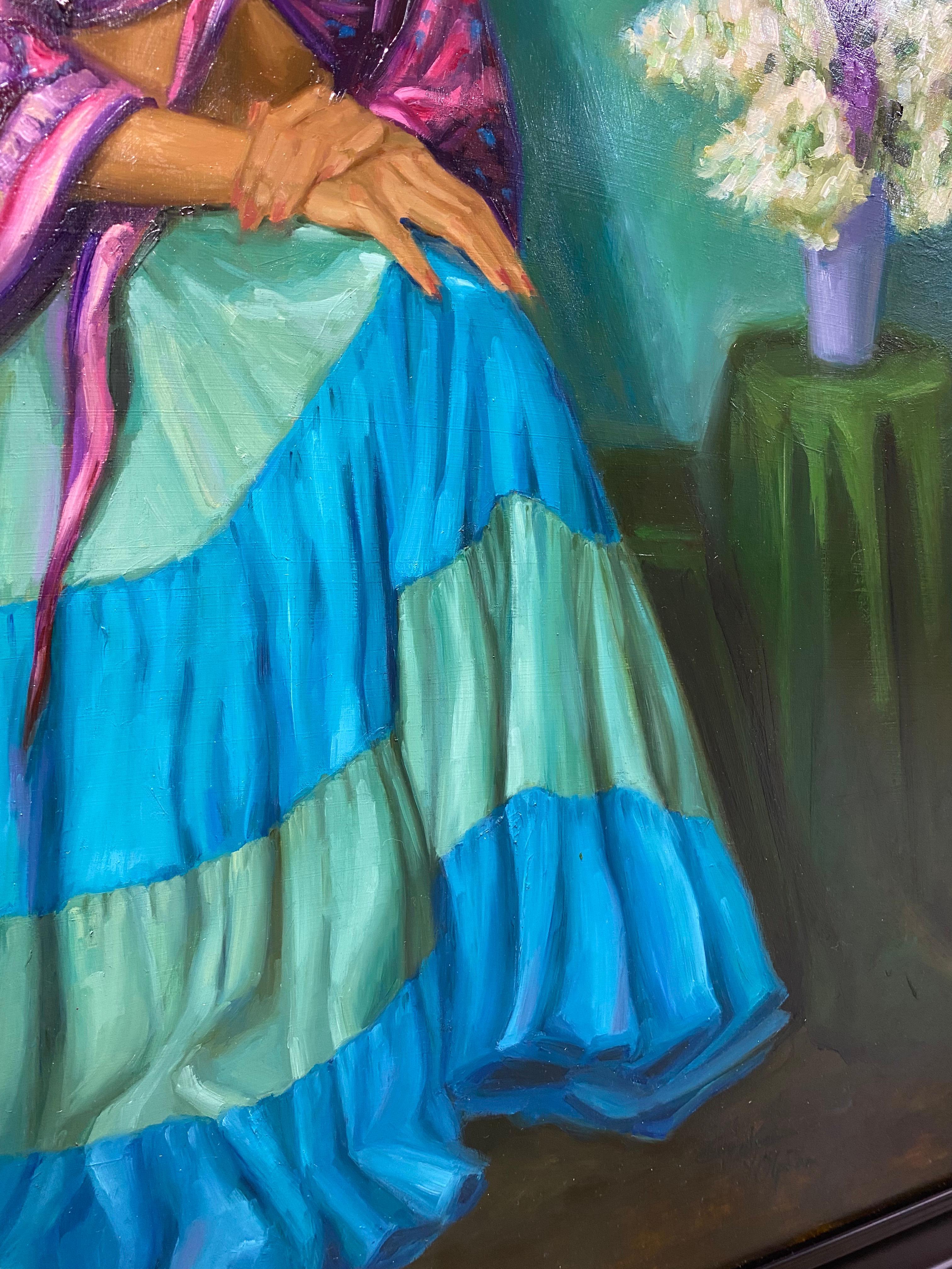 Papillon - Peinture de figure du 21e siècle représentant une fille et des fleurs en vente 4