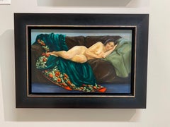 Soñadora - Pintura figurativa del siglo XXI de una niña con túnica azul