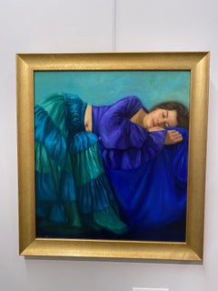 Träume - Figurales Gemälde eines Mädchens mit blauem Gewand aus dem 21.
