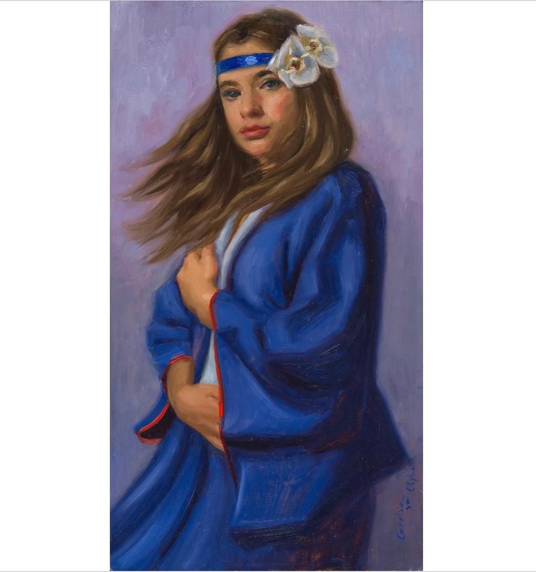 Get Some Fresh Air - 21st Century Figure Painting of a Girl with a Blue Robe
