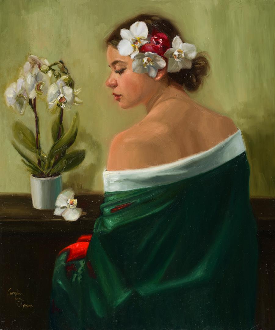 Portrait Painting de Carolien van Olphen - Niña con orquídeas - Pintura figurativa del siglo XXI de una niña con una túnica verde