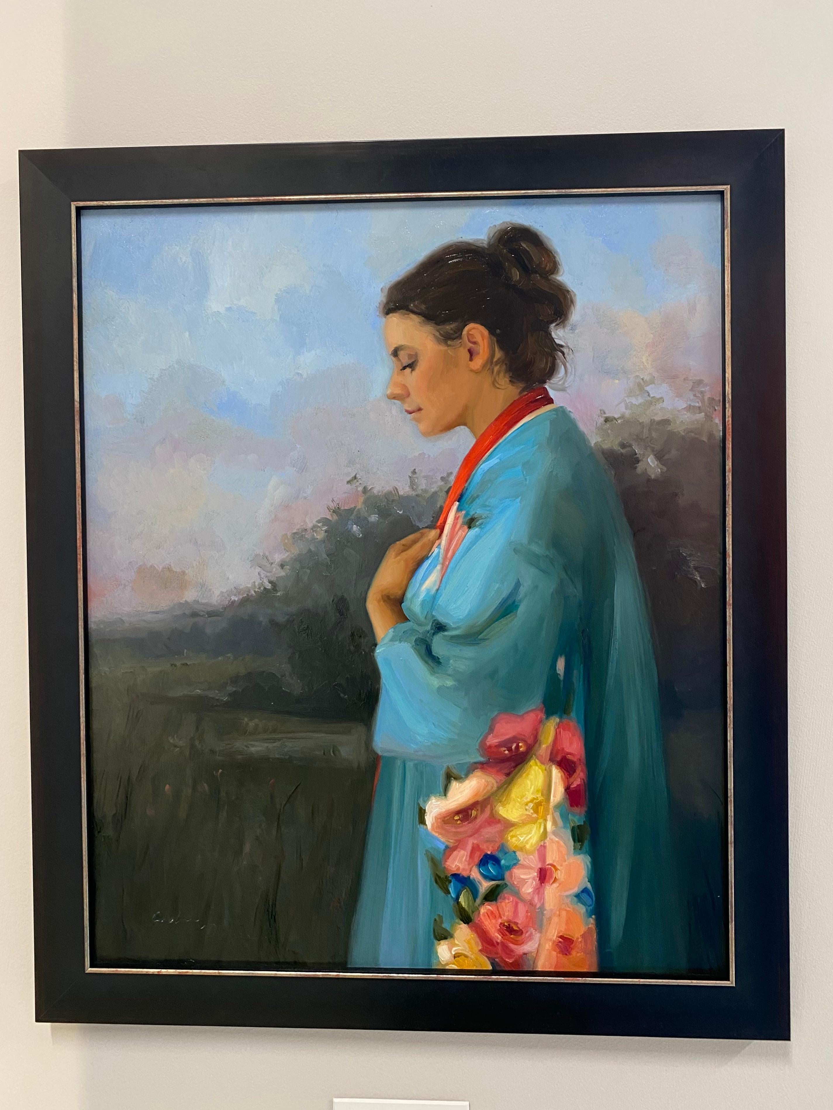 Rêves du matin - Peinture de figure du 21e siècle représentant une jeune fille à la robe bleue - Painting de Carolien van Olphen