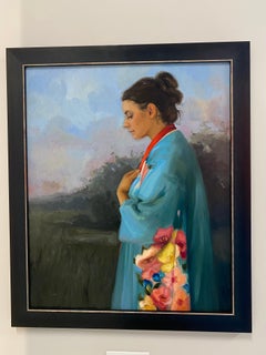 Morgenträume - Gemälde eines Mädchens mit blauem Gewand aus dem 21.