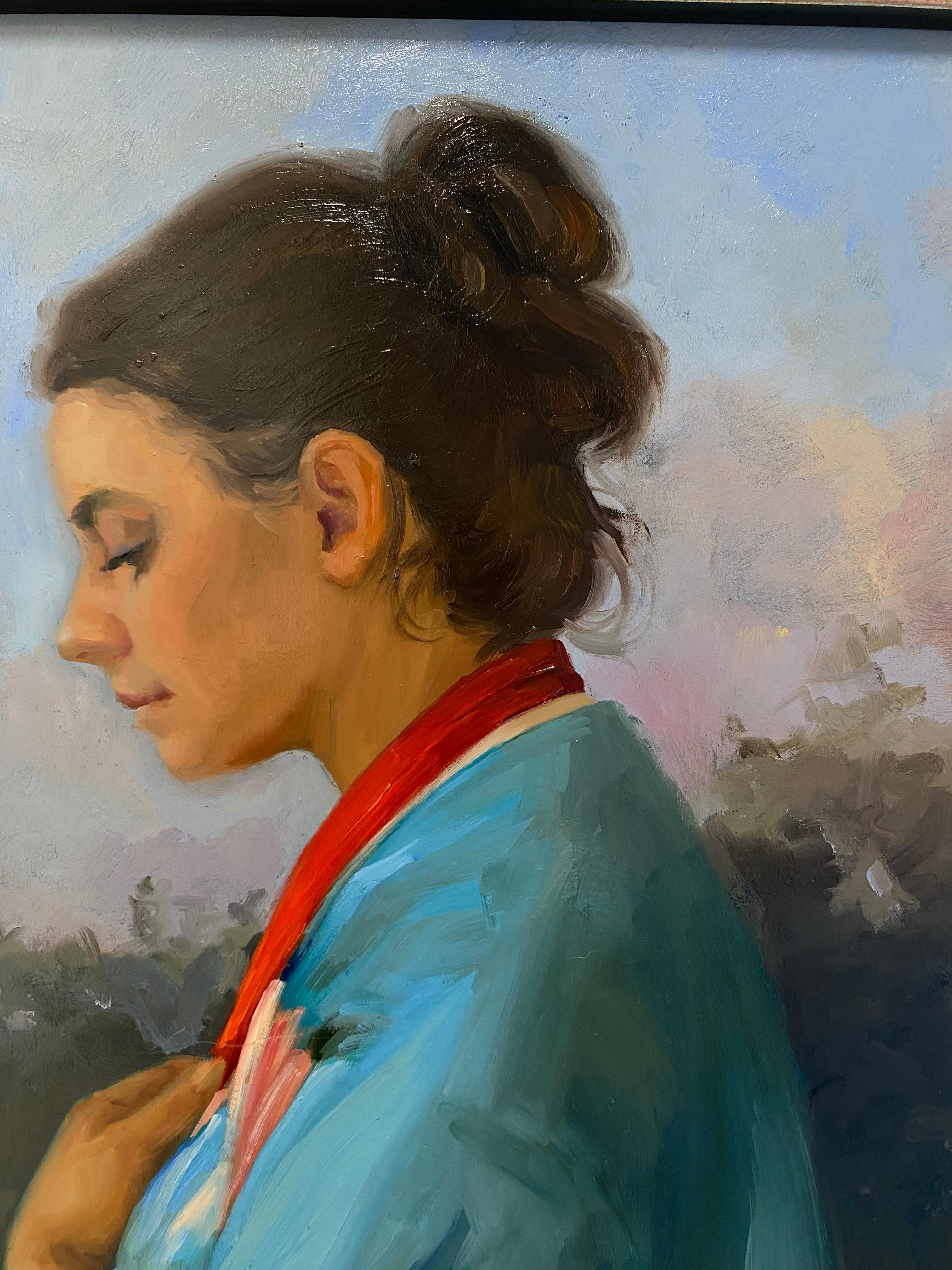 Rêves du matin - Peinture de figure du 21e siècle représentant une jeune fille à la robe bleue - Contemporain Painting par Carolien van Olphen