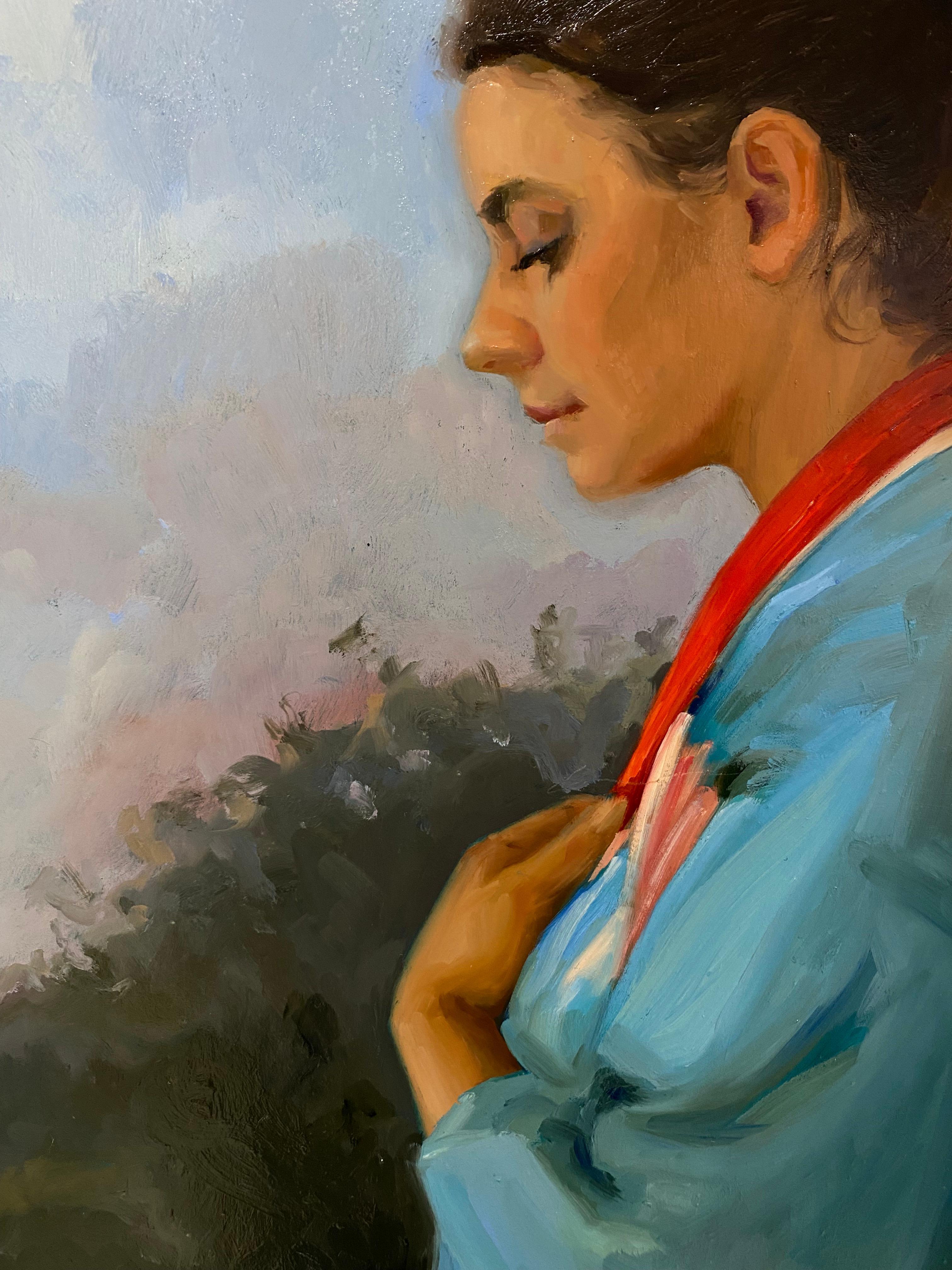 Rêves du matin - Peinture de figure du 21e siècle représentant une jeune fille à la robe bleue - Noir Portrait Painting par Carolien van Olphen