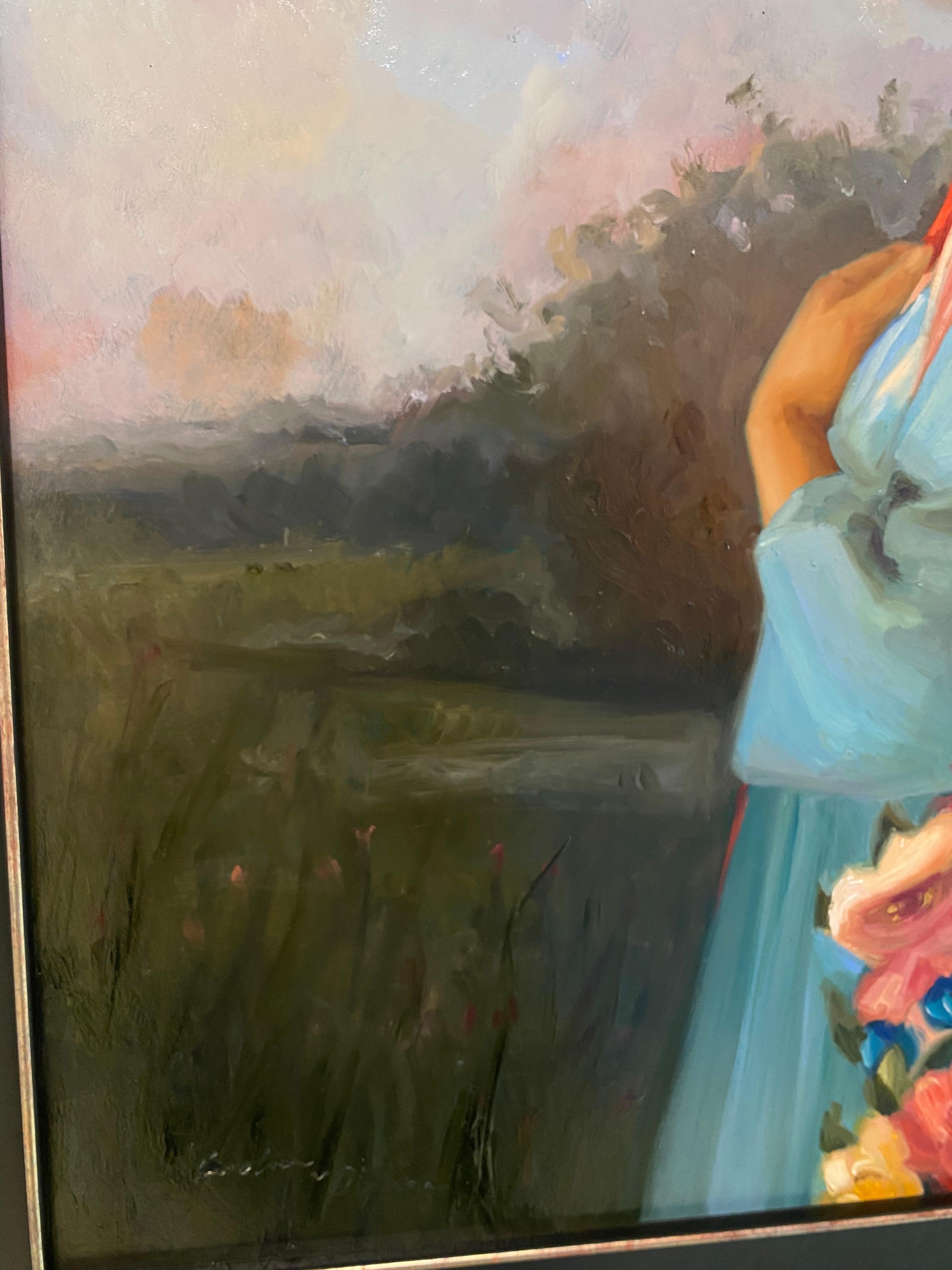 Rêves du matin - Peinture de figure du 21e siècle représentant une jeune fille à la robe bleue en vente 1