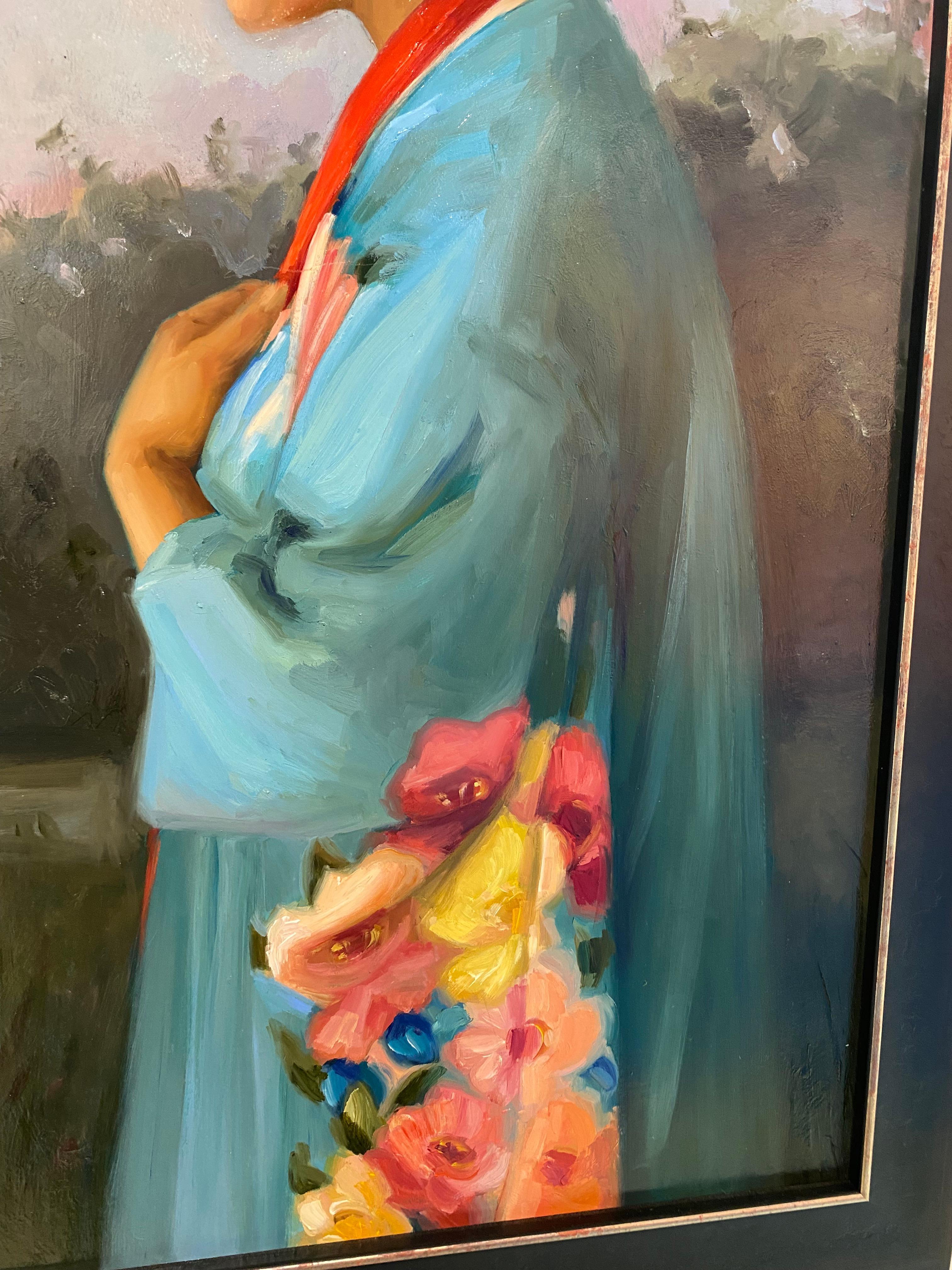 Rêves du matin - Peinture de figure du 21e siècle représentant une jeune fille à la robe bleue en vente 2