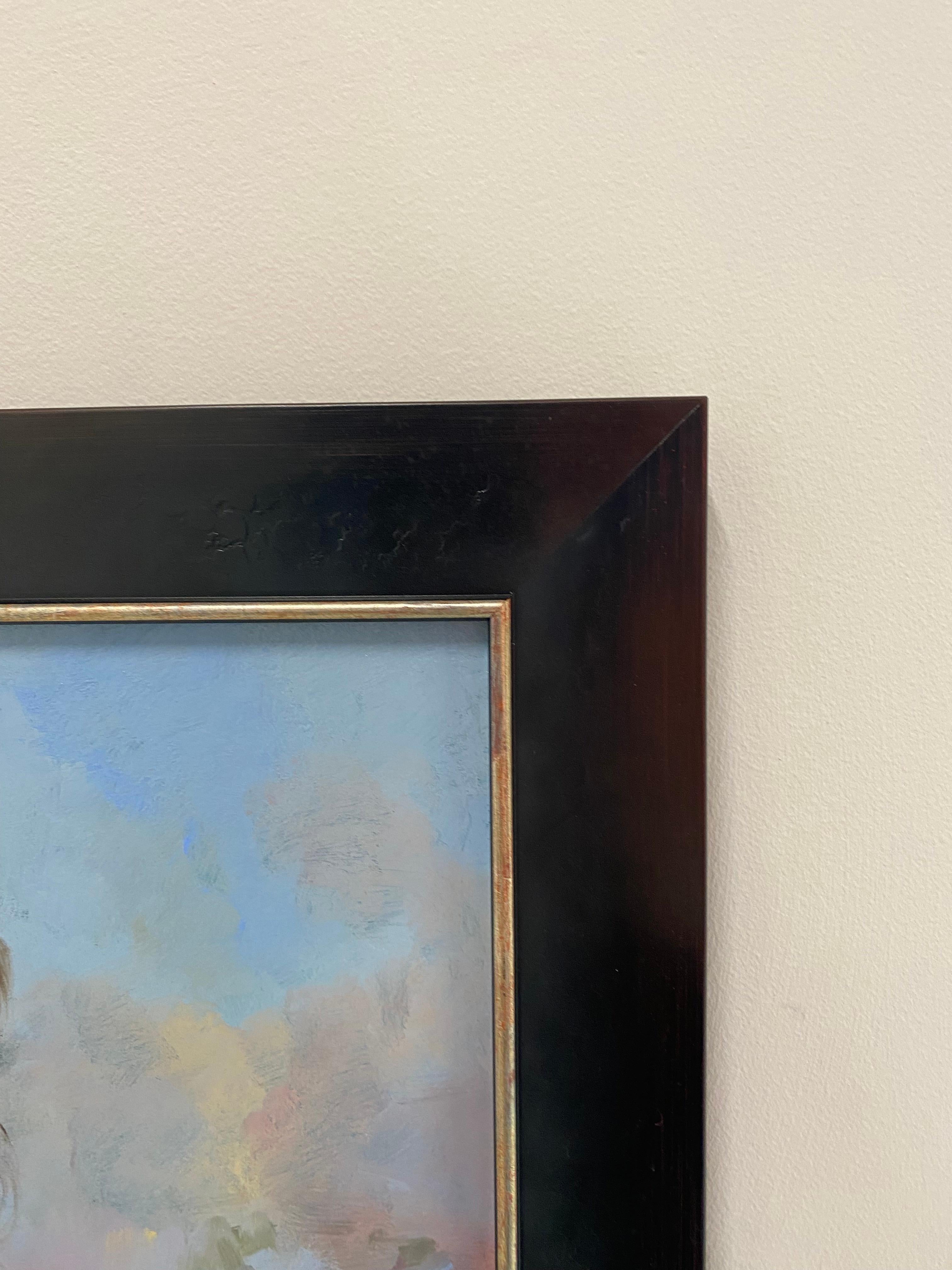 Rêves du matin - Peinture de figure du 21e siècle représentant une jeune fille à la robe bleue en vente 3